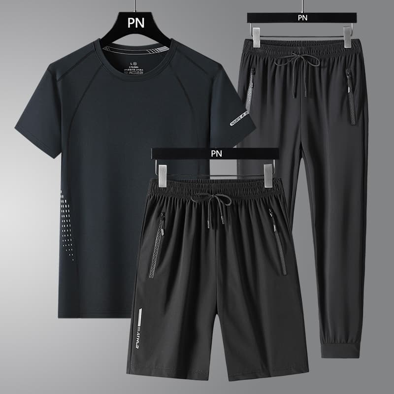 Ice Silk Short Sleeve T-Shirt Summer Set for Men, Lightweight Stretchy Plus Size, Trendy Shorts, Sports Quick-Dry 3-Piece Set