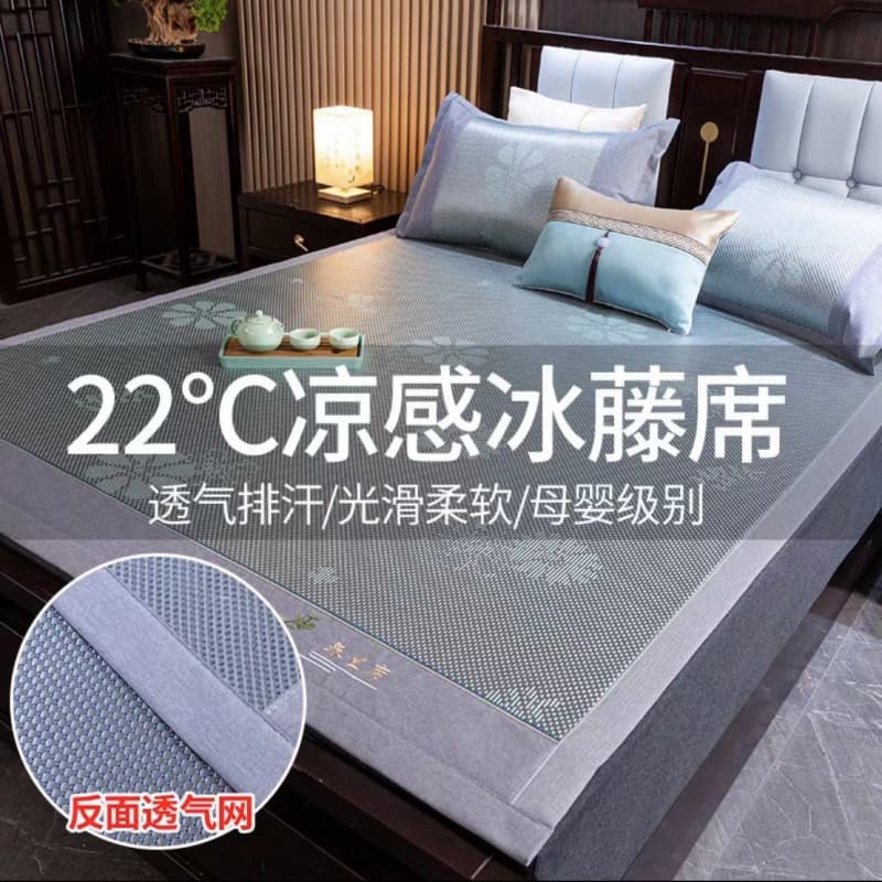 New summer ice silk three-piece set with fitted sheet design, washable ice-rattan mat, breathable summer bed sheet.