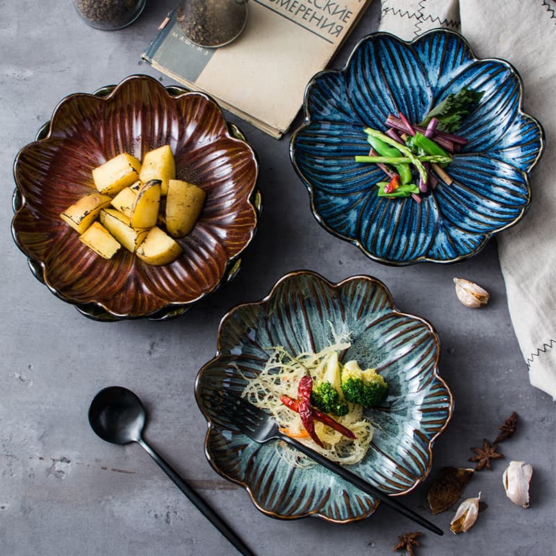 9-inch flower-shaped plate, retro kiln-turned ceramic plate, rice plate, vegetable plate, dessert plate, simple and elegant home desktop