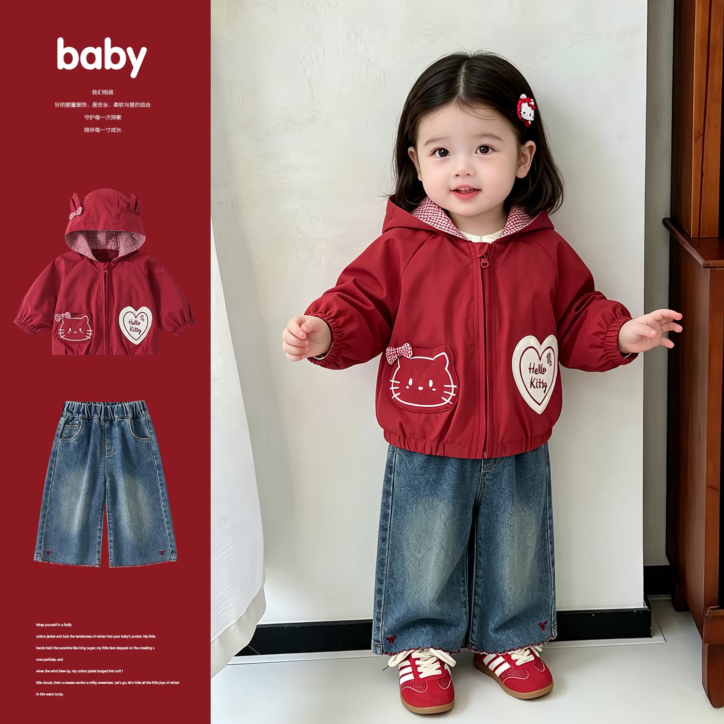 Baby Korean Style 3D Plaid Bow Cartoon Hooded Jacket Girls Autumn Embroidered Jeans Two-Piece Set