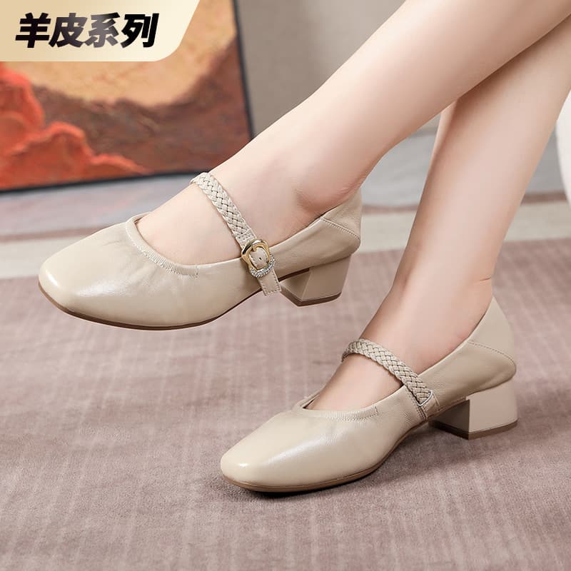 Mary Jane Shoes 26 Spring and Autumn New Women's Shoes Square Toe Thick Heel Medium Heel Fashion Shoes Literary Pearl Shallow Mouth Four Seasons Shoes