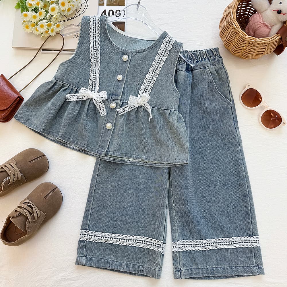 Girls' Lace Hem Denim Wide-Leg Pants Set Summer Bow Soft Denim Vest Jeans Two-Piece Trendy