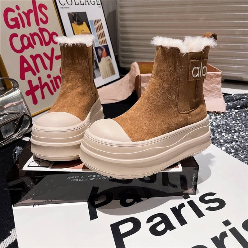 Hong Kong Genuine Leather Big Head Lambswool Fur Shoes Women 2025 Autumn Winter New Platform Snow Boots Petite Martin Boots