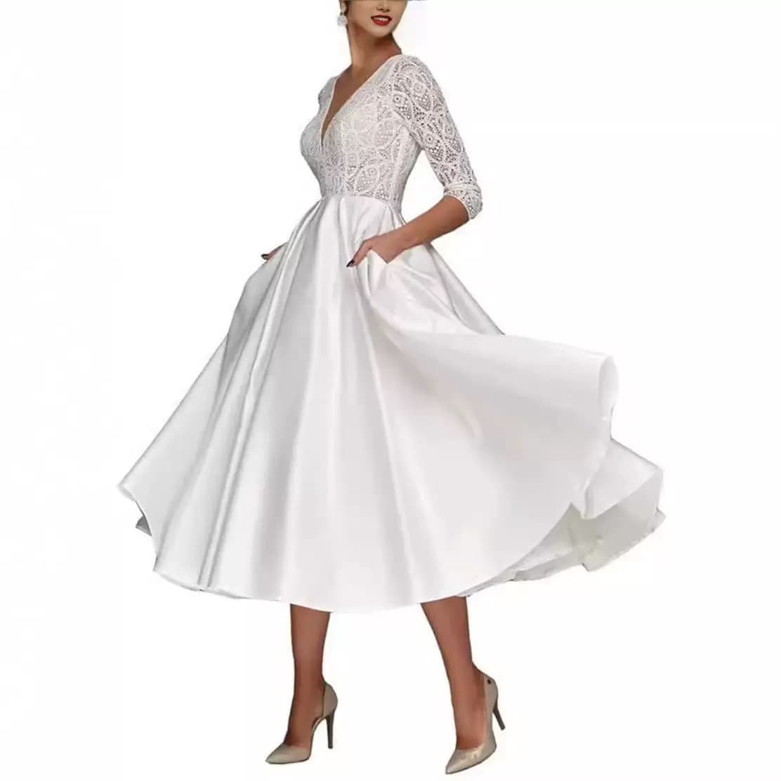 Cross-border White V-Neck Slim Light Wedding Dress Simple Elegant Amazon Long Travel Photo Vintage Lace Evening Gown