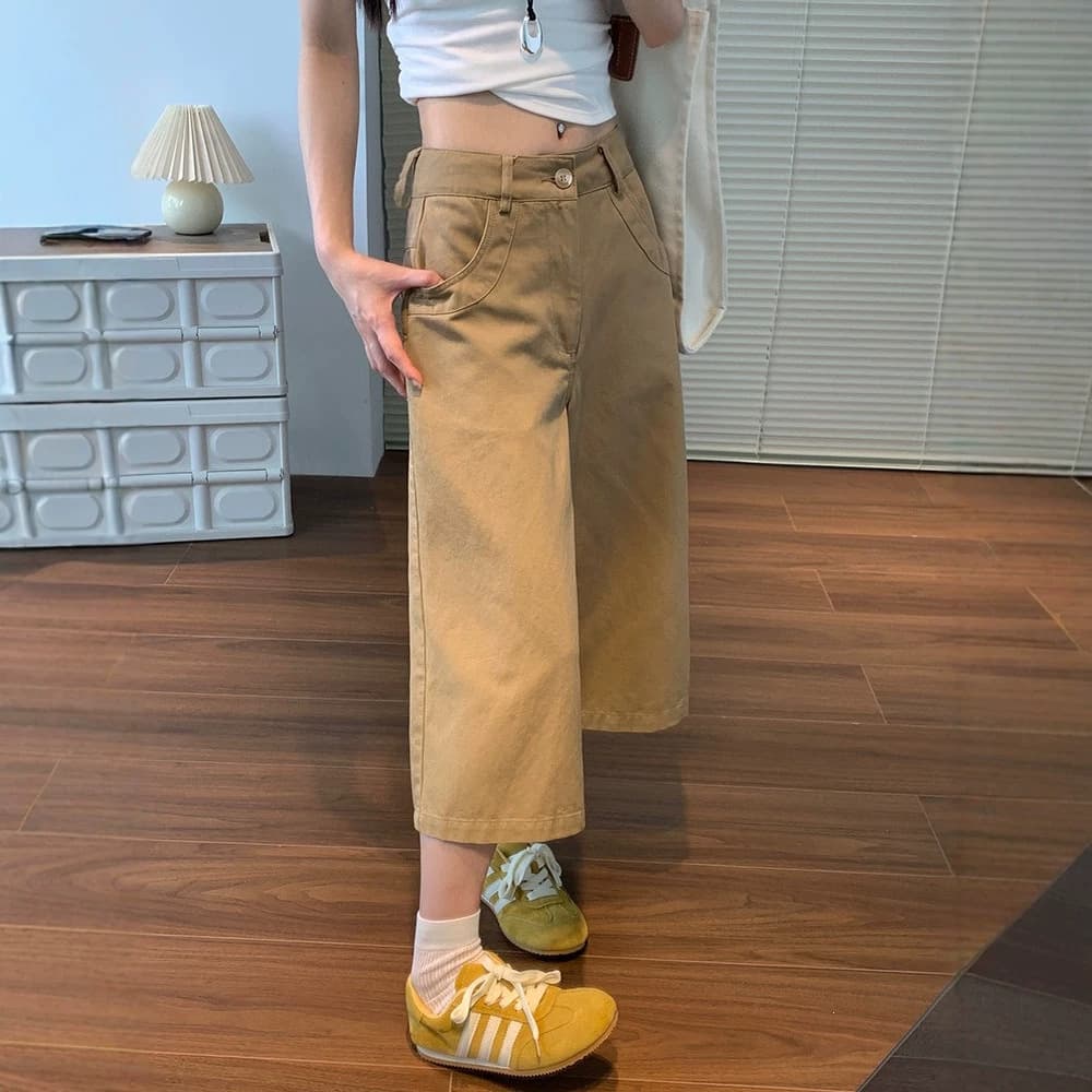 Khaki cropped pants for women summer thin Lyocell Tencel mid-length pants loose straight washed cotton work pants