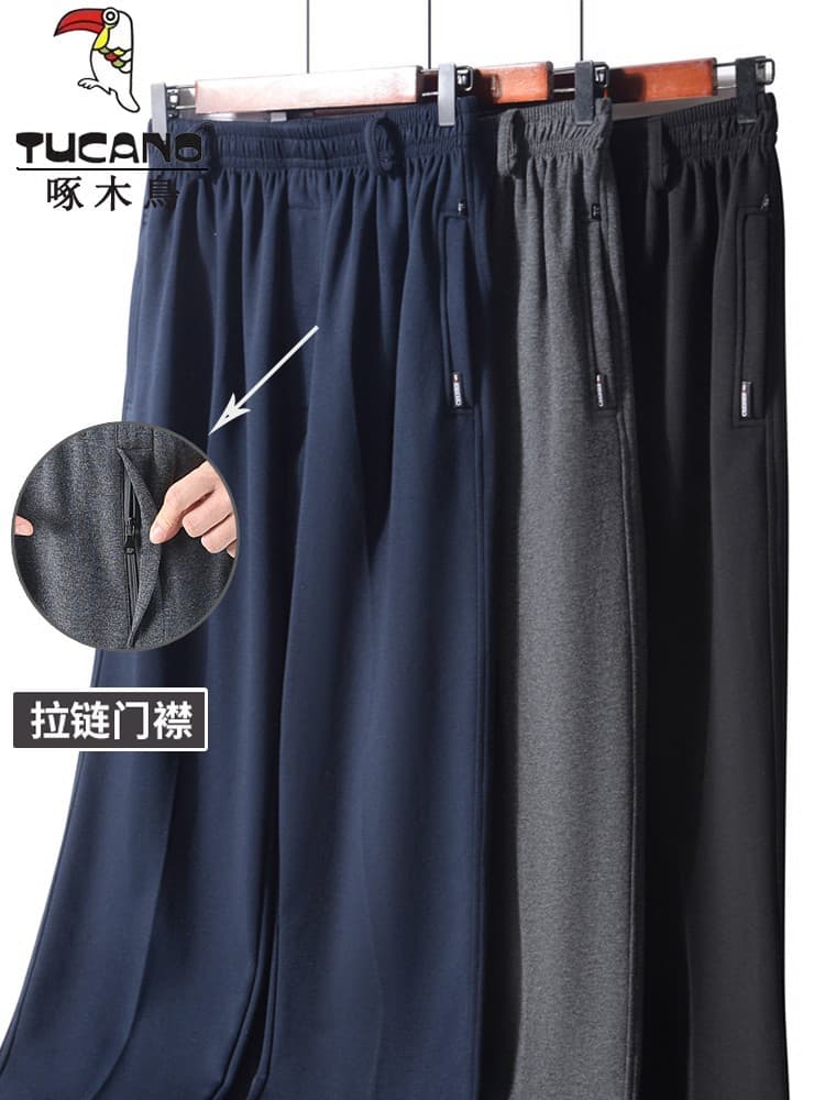Woodpecker pure cotton sweatpants for men, middle-aged and elderly dad pants, spring and autumn fly opening, winter fleece-lined elastic waist casual.