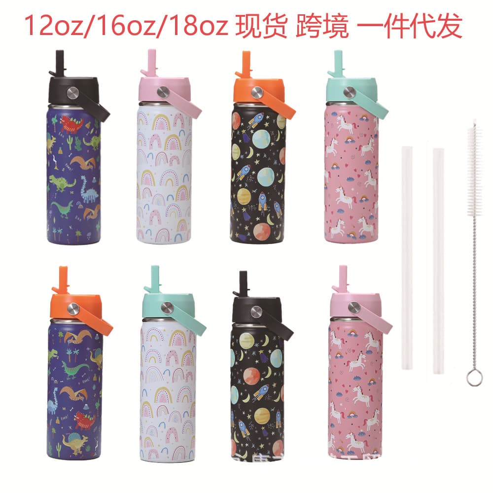 Cross-border new 304 stainless steel children's thermos cup cartoon straw cup portable handle outdoor sports water cup