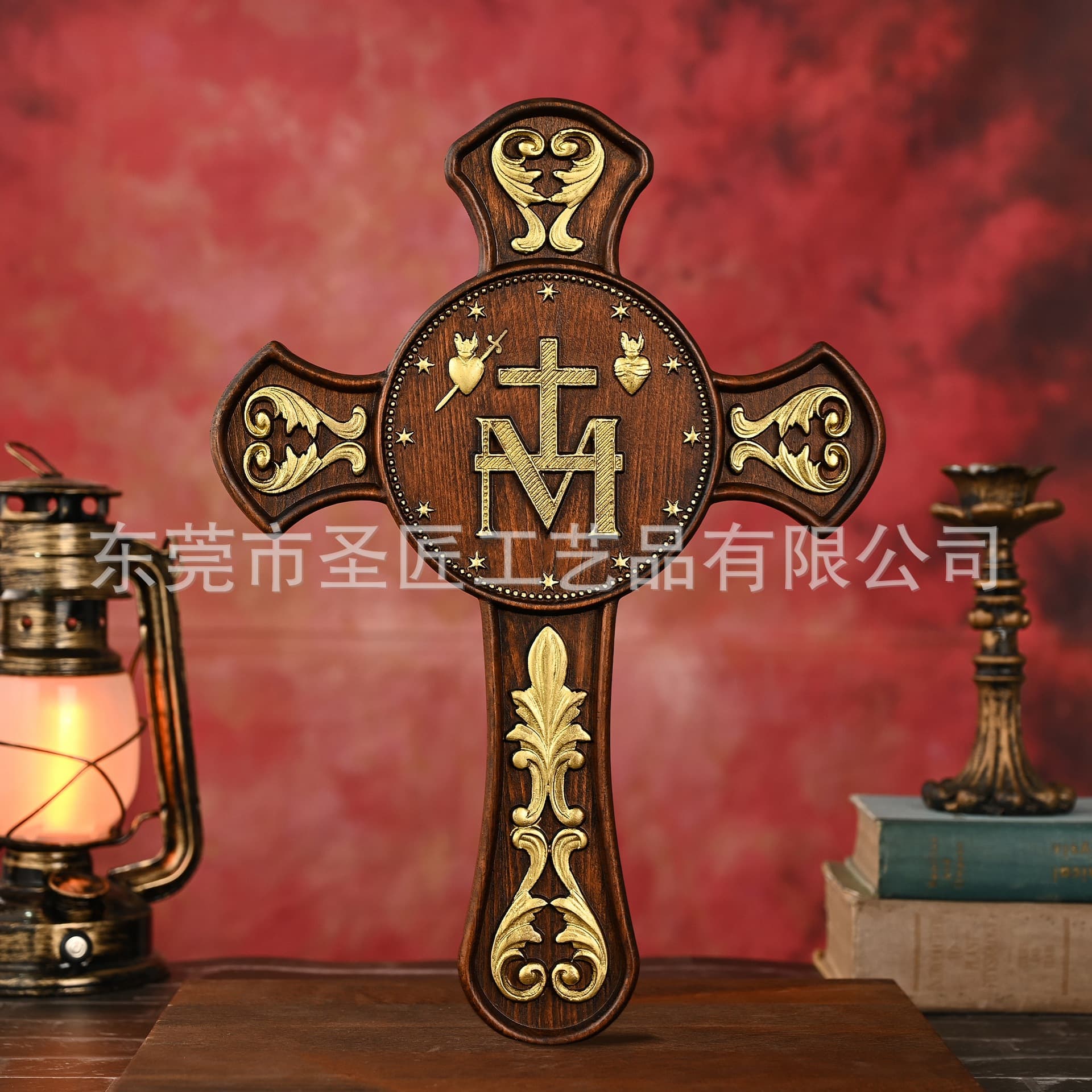 Miracle Medal Double-Sided Carved Solid Wood Wood Carving Craft Church Relic Wall Hanging Decoration