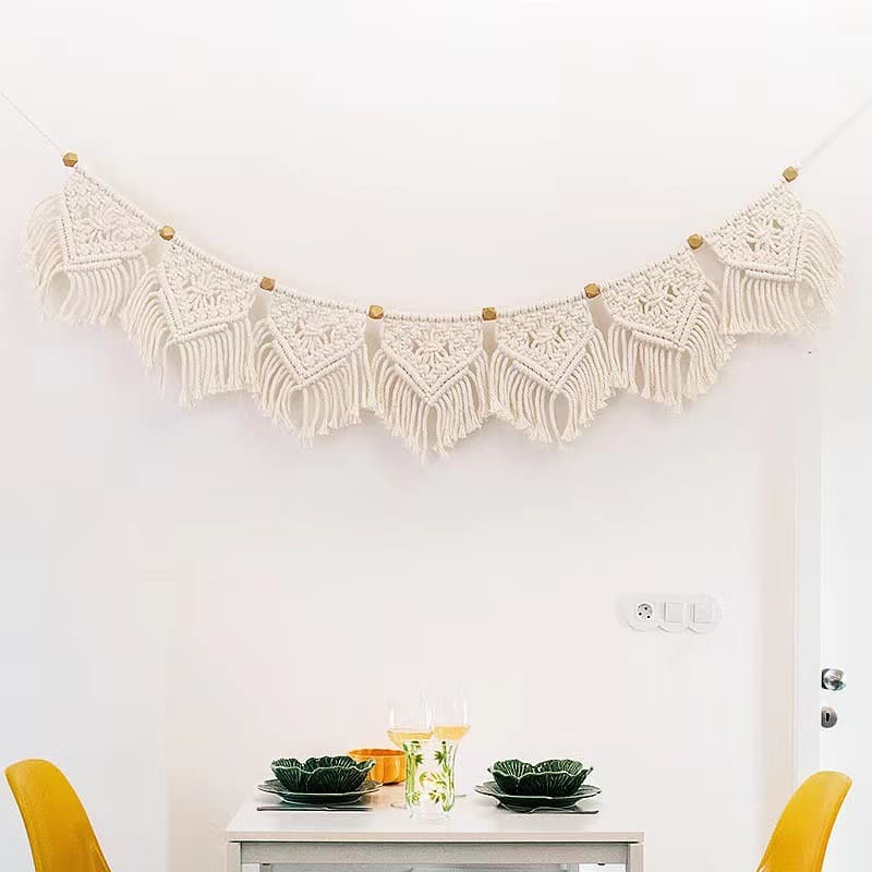 Bohemian Decorative Wall Tapestry Handwoven Bedroom Hanging Layered Tassel Wall Hanging Piece Nordic Style Cotton White
