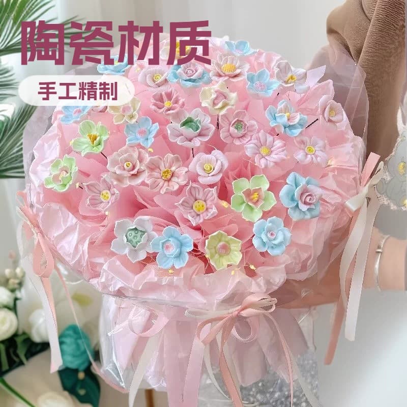 Jingdezhen Ceramic Flower Bouquet Finished Product Valentine's Day Gift for Girlfriend Handmade Porcelain Flower Bouquet Valentine's Day Gift