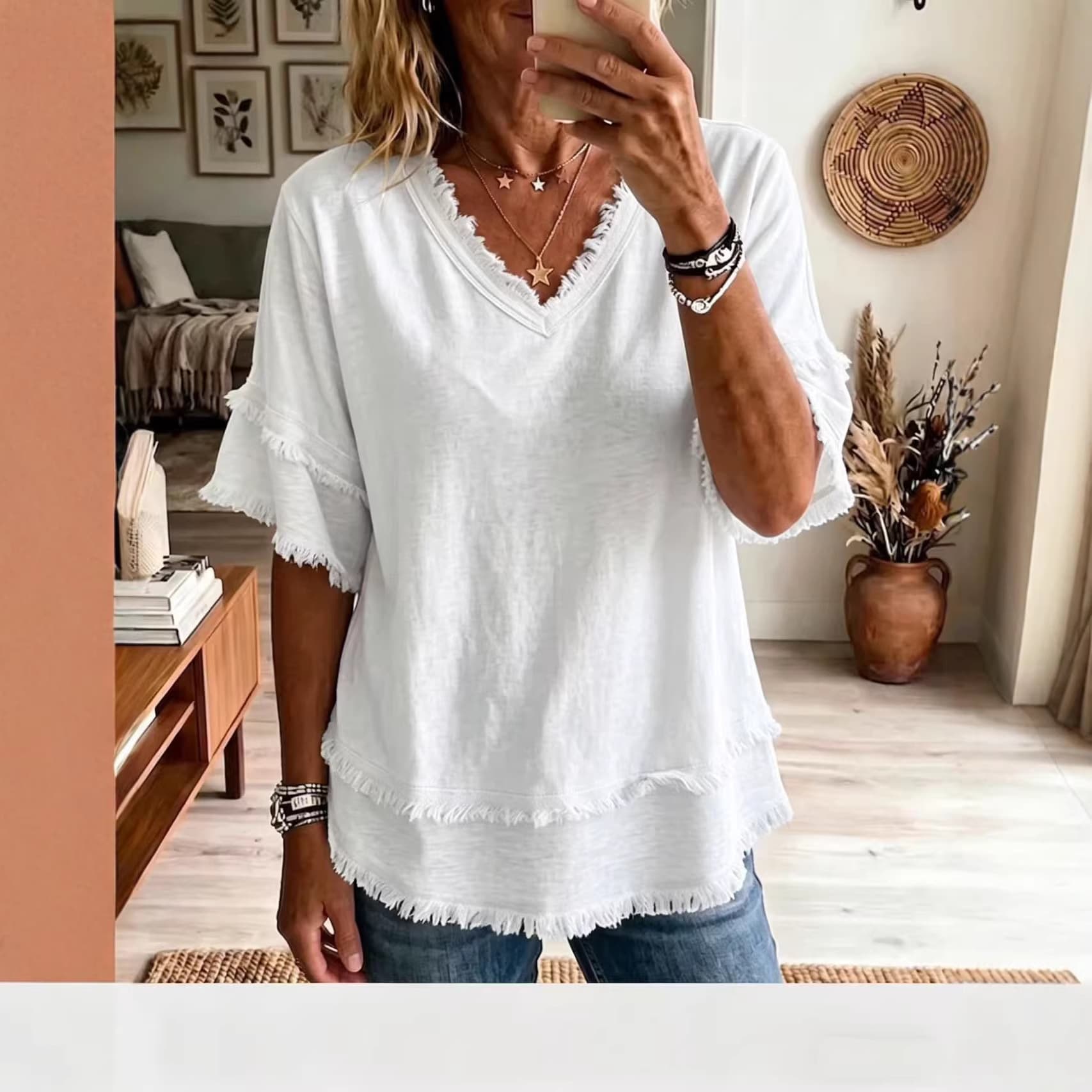 2026 New Amazon European and American Cross-Border V-Neck Pullover Short-Sleeved Loose-Fitting Women's Shirt Casual Women's Top