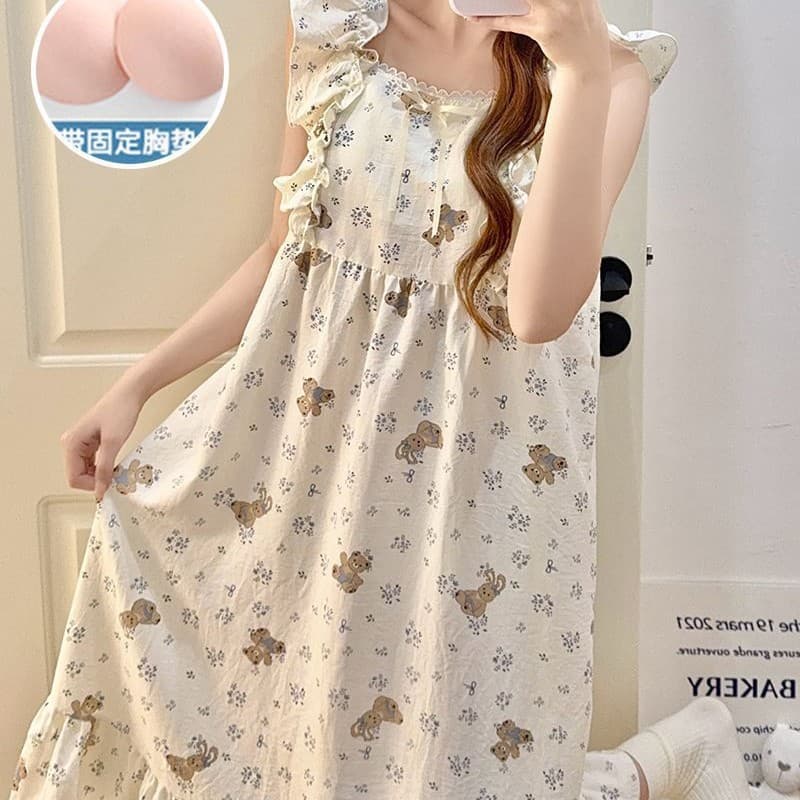 Yunduo cotton nightgown for women summer with fixed chest pad cute bear cartoon little flying sleeves suspender pajamas dress home clothes
