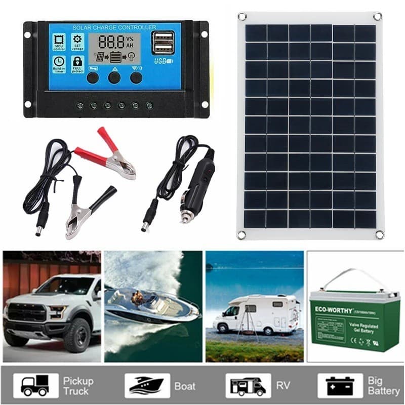 20W Solar Panel Kit 12V Battery Charger 10-100A Controller RV Marine Camping Monocrystalline Photovoltaic