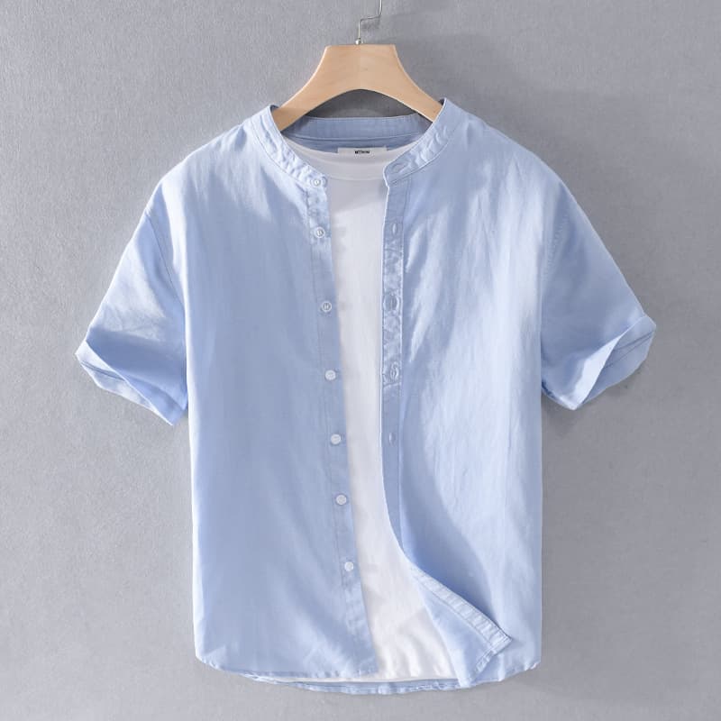 Summer Men's Linen Casual Shirt Loose Round Neck Solid Color Beach Cotton Linen Artistic Shirt 303