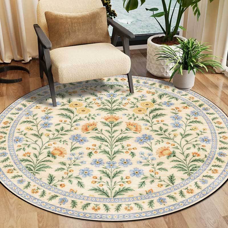 Cross-border Retro American Floral Country Rustic Style Beige Green Leaves Round Rug Floor Mat for Bedroom Living Room