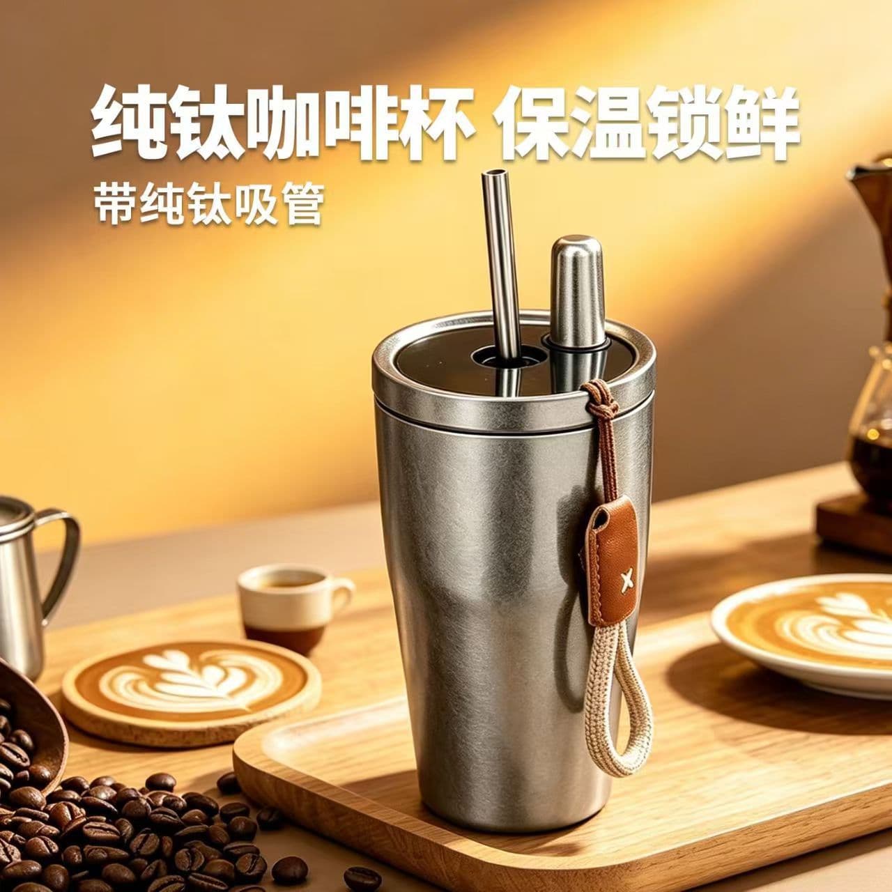 High-Quality Pure Titanium Straw Cup Insulated Mug with Carry Rope, Dual-Drink Lid, for Home and Outdoor Travel