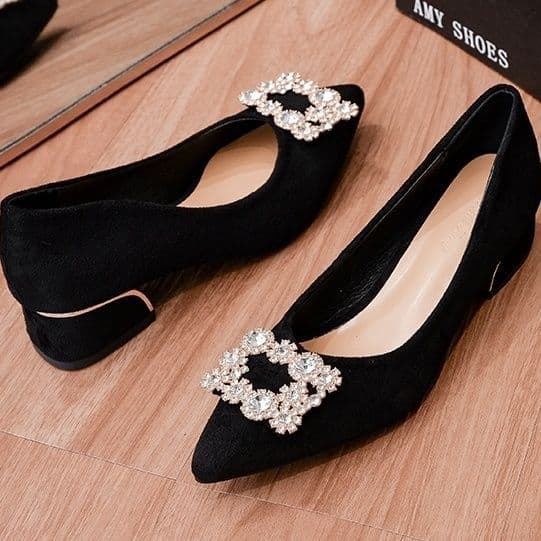 Rhinestone suede block heel flats, 2023 spring/autumn new versatile pointed-toe shallow flat French black work shoes