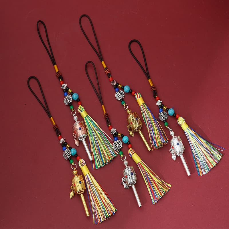 New Tibetan Prayer Wheel with Six-Syllable Mantra Keychain, "Fortune Turns" Car Hang, Source Factory Wholesale