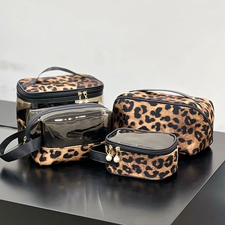 New European and American Style Leopard Print Cosmetic Bag Makeup Pouch Niche Storage Tote Large Capacity Wash Bag for Women