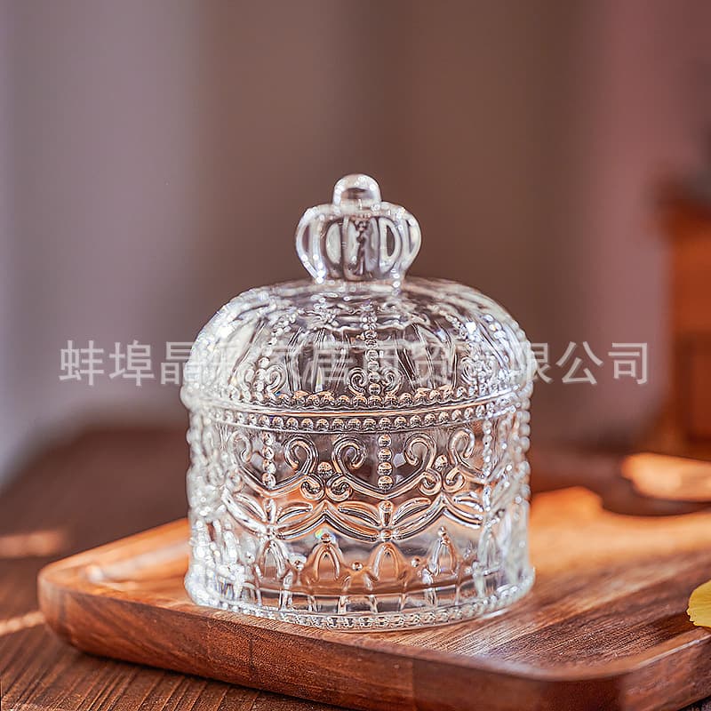Crown-embossed creative glass jar, crystal vintage coffee glass candy jar with lid, jewelry cotton swab storage jar