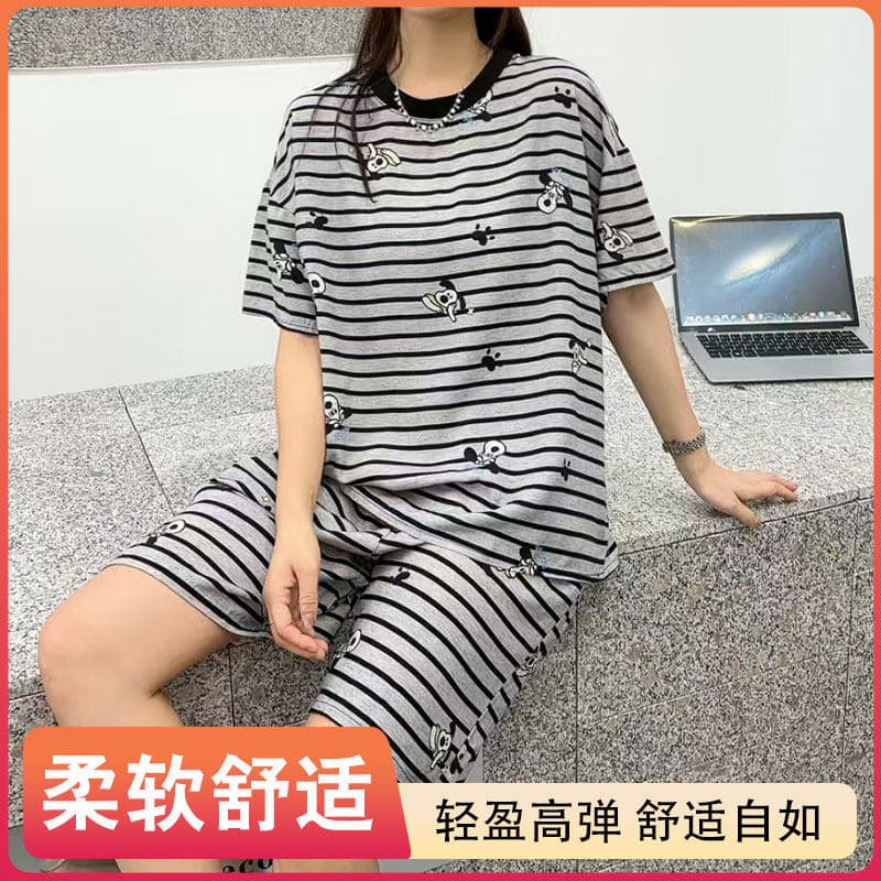 Summer New Pajama Sleepwear Set Women Short Sleeve Shorts Contrast Color Wearable Outside Artificial Cotton Pajama Homewear