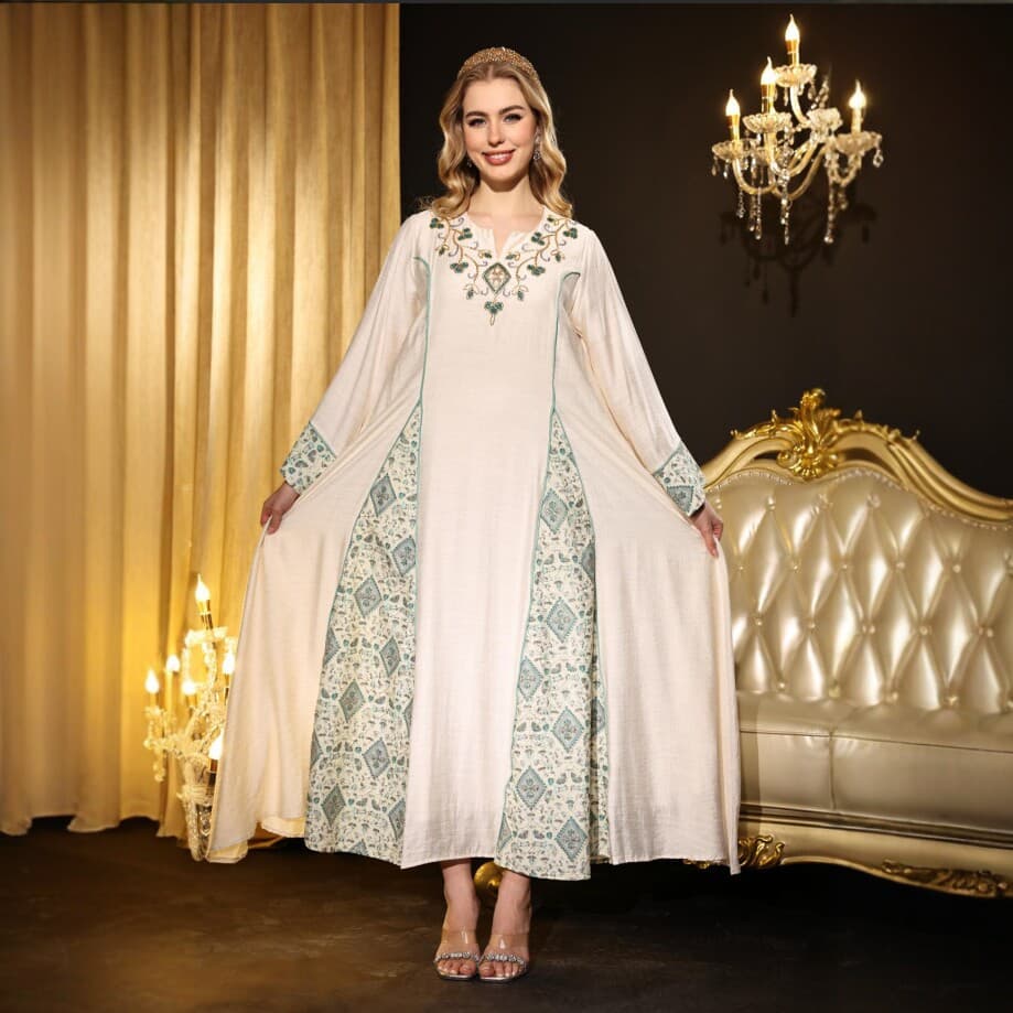 Bohemian Mint Green V-Neck Long Sleeve Short Sleeve Embroidered Maxi Dress Women Summer New Ethnic Style Vacation