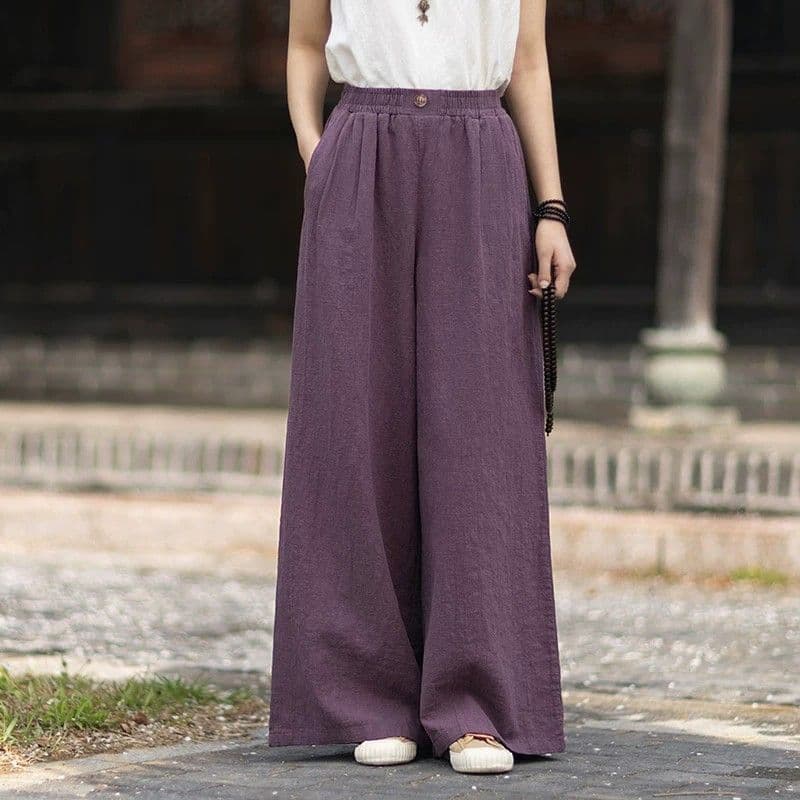 Linen Wide Leg Pants for Women Loose Zen Style Casual Trousers Cotton Relaxed Flowing Straight Long Pants Ethnic New Chinese Style