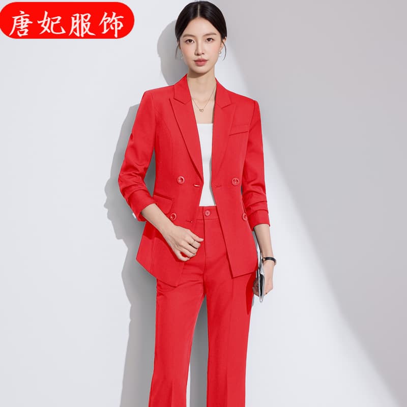 Premium Double-Breasted Red Long-Sleeve Small Notch Lapel Blazer and Pants Two-Piece Set for Women, Office Wear, Chic and Elegant