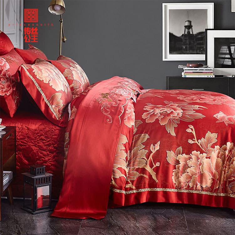 Silk Jacquard Woven Red Wedding Bedding Set Four-Piece Set Heavyweight 100% Silk Bedding Wholesale