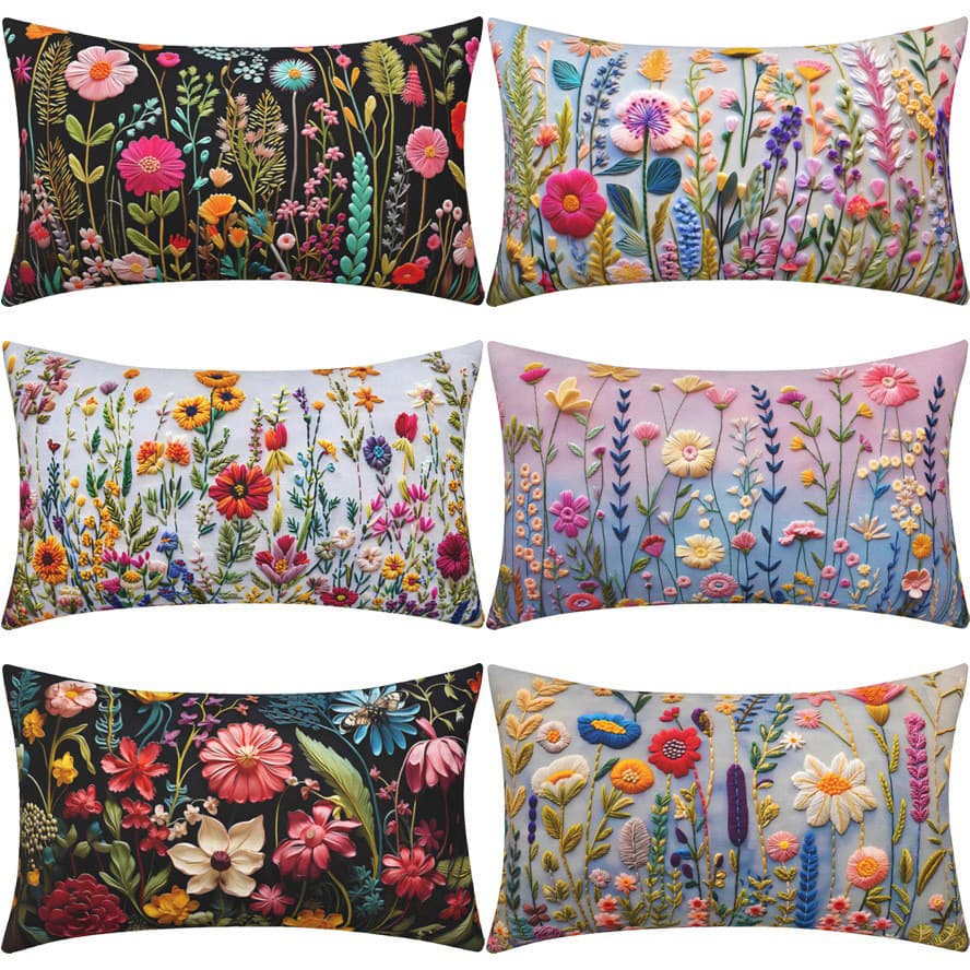 Cross-border Popular Imitation Embroidery Floral Pillow Cover Digital Print Home Decoration Cushion Sofa Lumbar Pillow Cover Wholesale