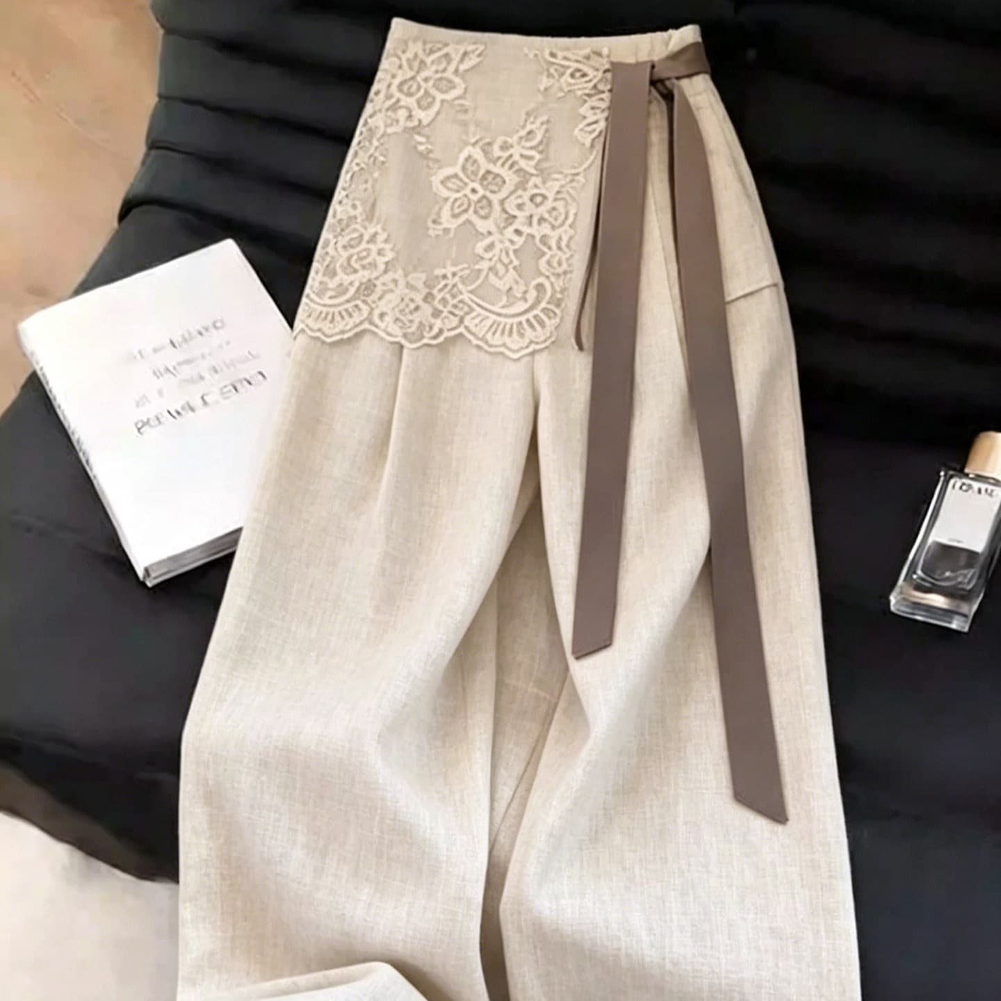 Original hemp color lace butt curtain strap suit pants for women 2026 summer new slim fashion linen pants straight pants