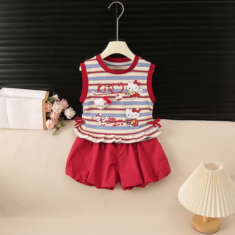 Girls Summer New Korean Style Fashionable Cute KT Cat Striped Katie Bud Set