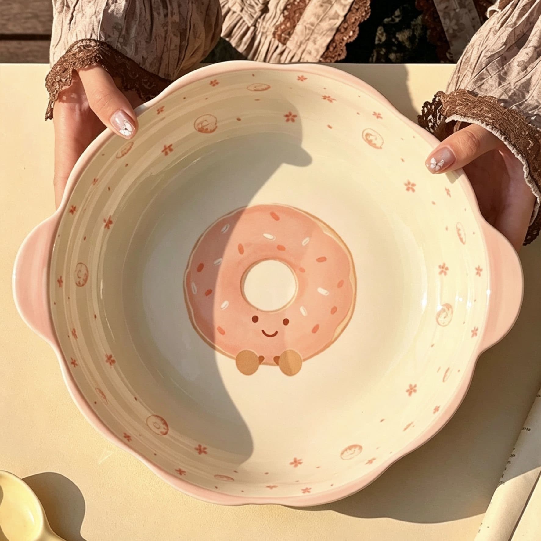 10-inch Donut Ceramic Double-Handle Soup Bowl, Cartoon High-End Design, for Sour Cabbage Fish, Blood Curd, and Boiled Fish