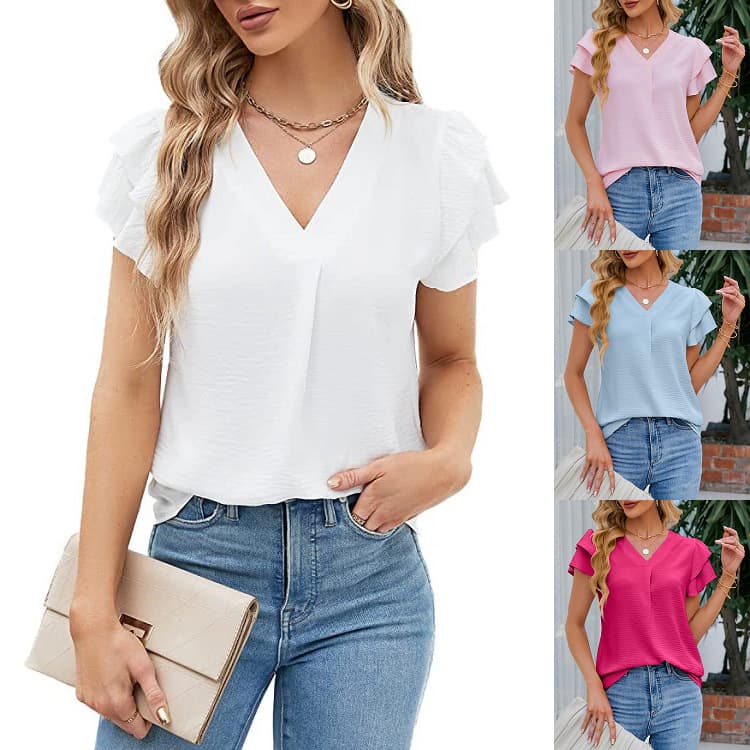 Women's V-Neck Chiffon Blouse Spring Summer 2025 Short Sleeve Puff Trim Top Fresh Sweet Style Comfortable Casual Fit