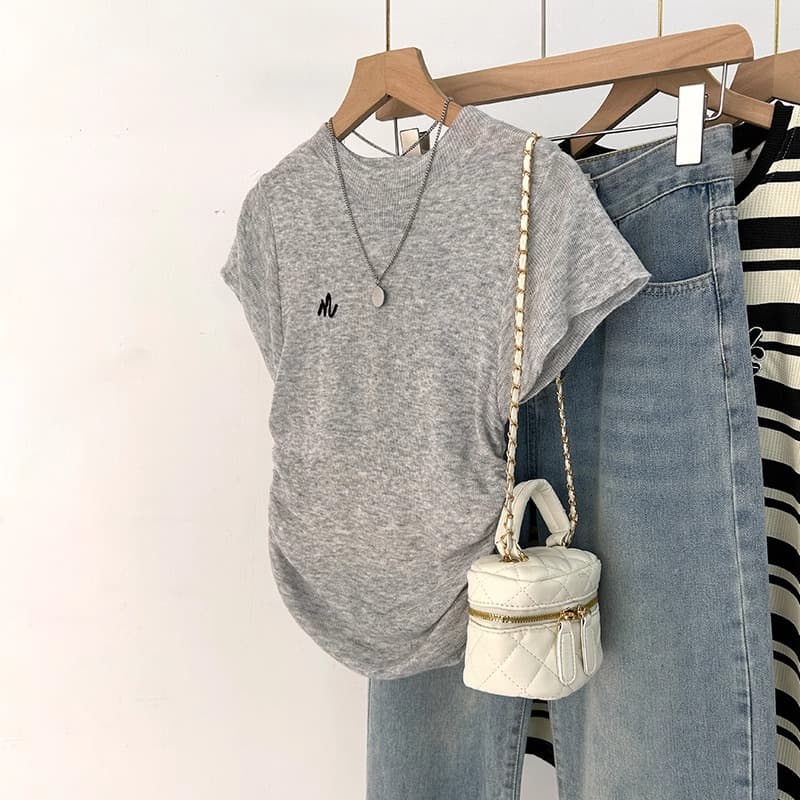 American Hot Girl Gray Right Shoulder Cotton Short Sleeve T-Shirt Women's Summer Design Waist Slim Slim Short Top