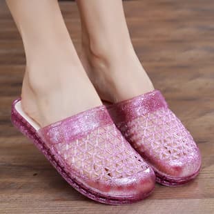 Women's Casual Half-Slipper Indoor Soft Sole Bathroom Shower Slippers Flat Non-Slip Ultra-Soft Plastic Covered Toe Summer