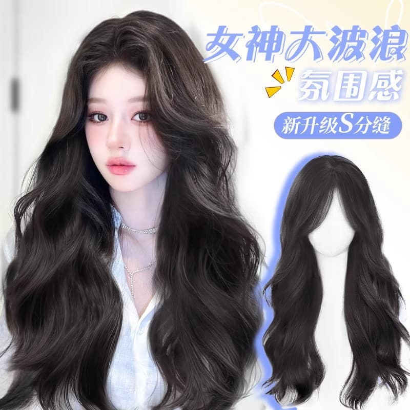 Wig for women with long hair, big waves, natural artificial hair, autumn and winter atmosphere, medium-parted long curly hair, full wig, full headgear