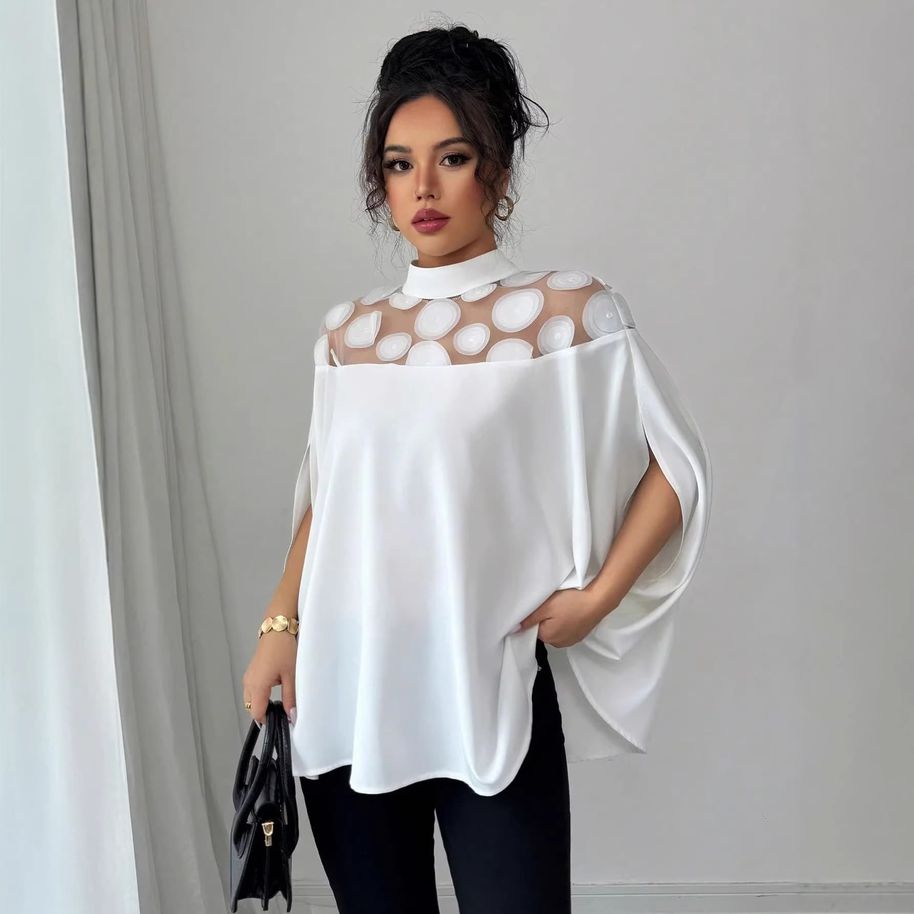 Half High Collar Patchwork Loose Shirt Top for Women