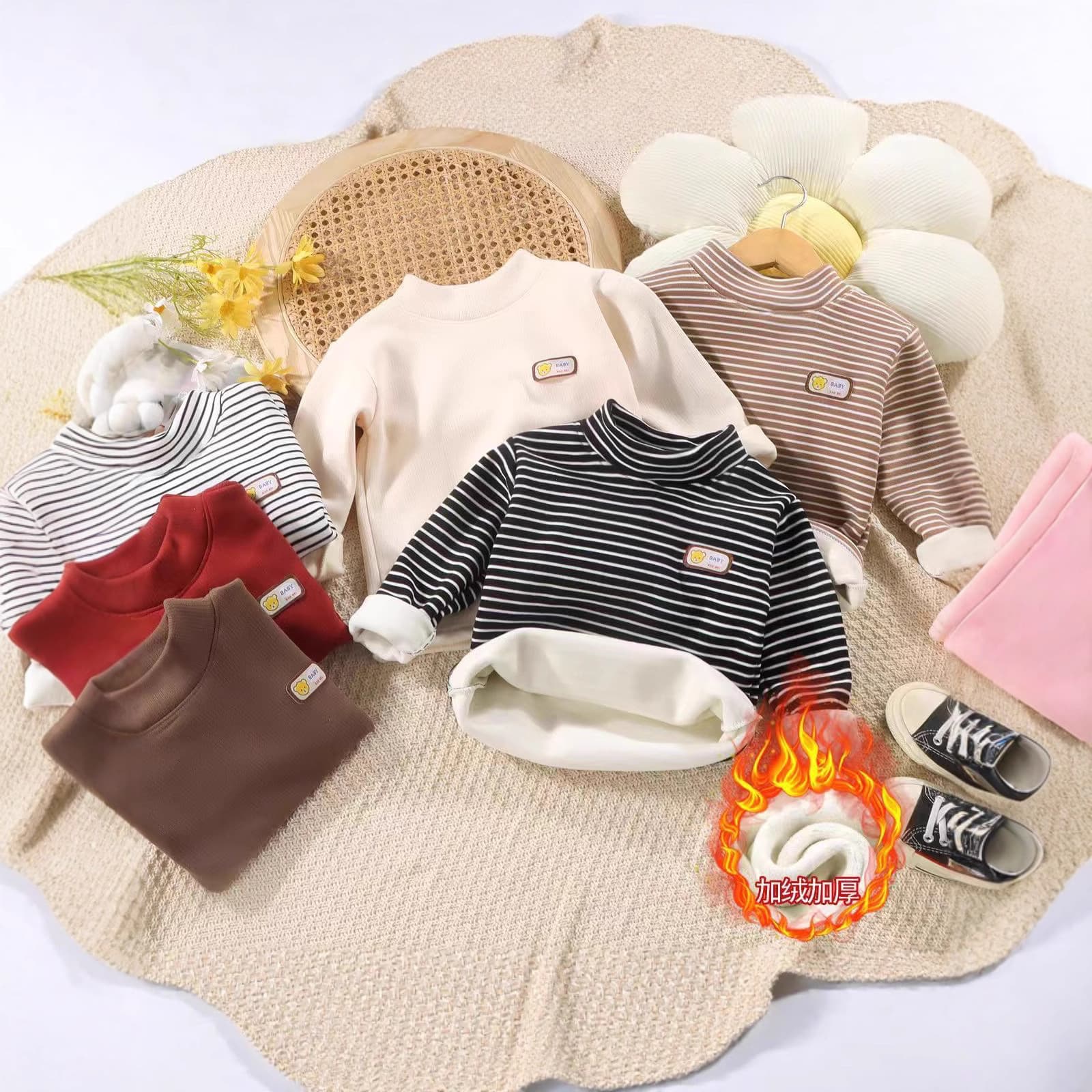 [Thickened Mousse Warm Fleece] 500g Kids Half Turtleneck Base Layer Boys Girls Integrated Fleece Warm Top