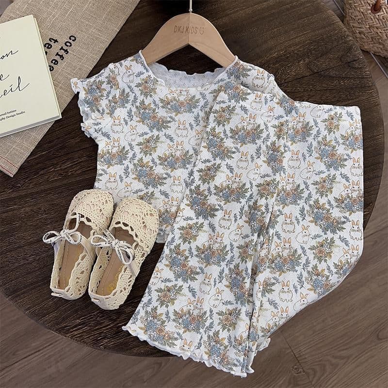 Girls' Pajamas 2024 New Summer Floral Princess Style Little Girl Homewear Set Thin Baby Summer Clothes