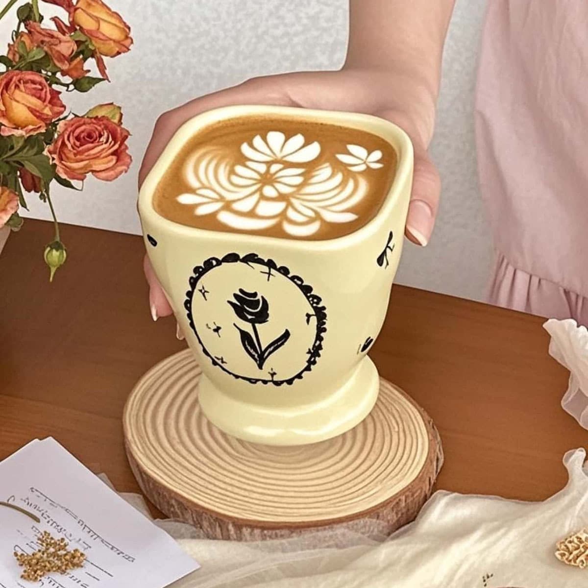 Korean Cream Yellow Ins Style Square Mouth Ceramic Mug, Hand-Pinched Mug, Premium Tulip Hand-Held Cup, Coffee Cup
