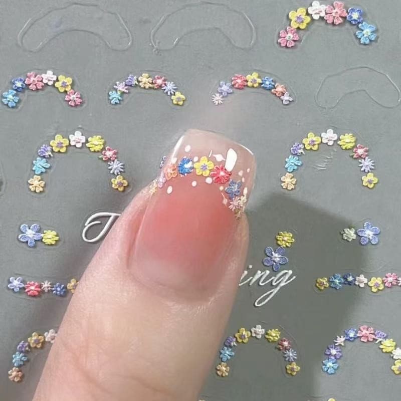 Trendy Fresh French Nail Stickers Japanese Floral Small Flowers French Tip 3D Colorful Flower Nail Art Stickers
