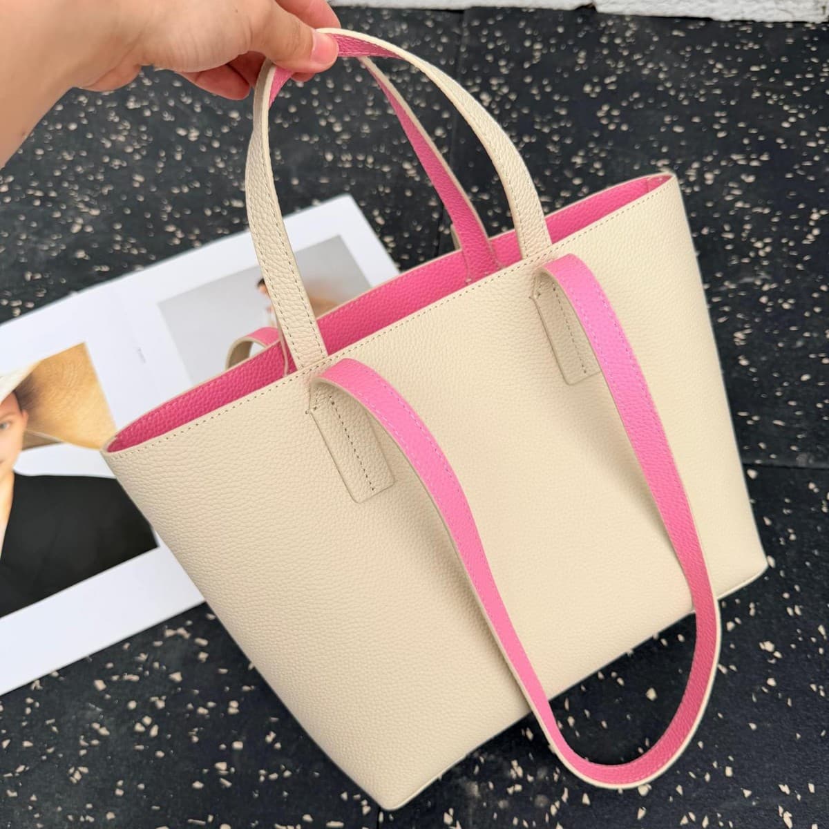 Genuine Leather Shoulder Bag Contrast Color Tote Bag Women 2026 New Large Capacity Simple Bucket Bag Commuter Bag Versatile Bag