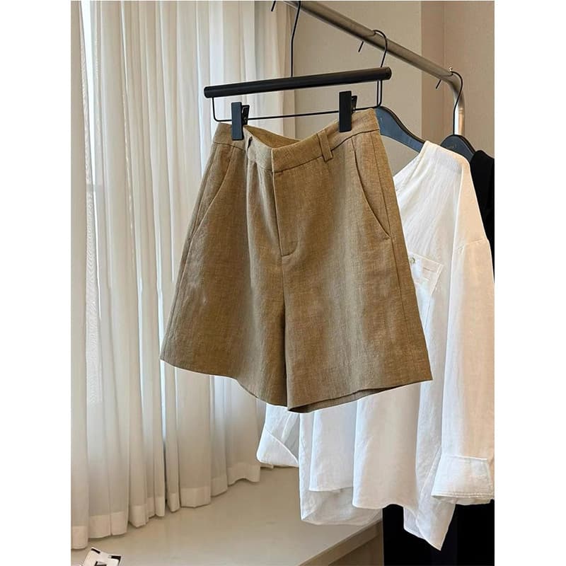 Highly Recommended! Stylish Casual High-Quality Old Money Style~ Khaki Linen High-Waist Slimming Shorts for Women