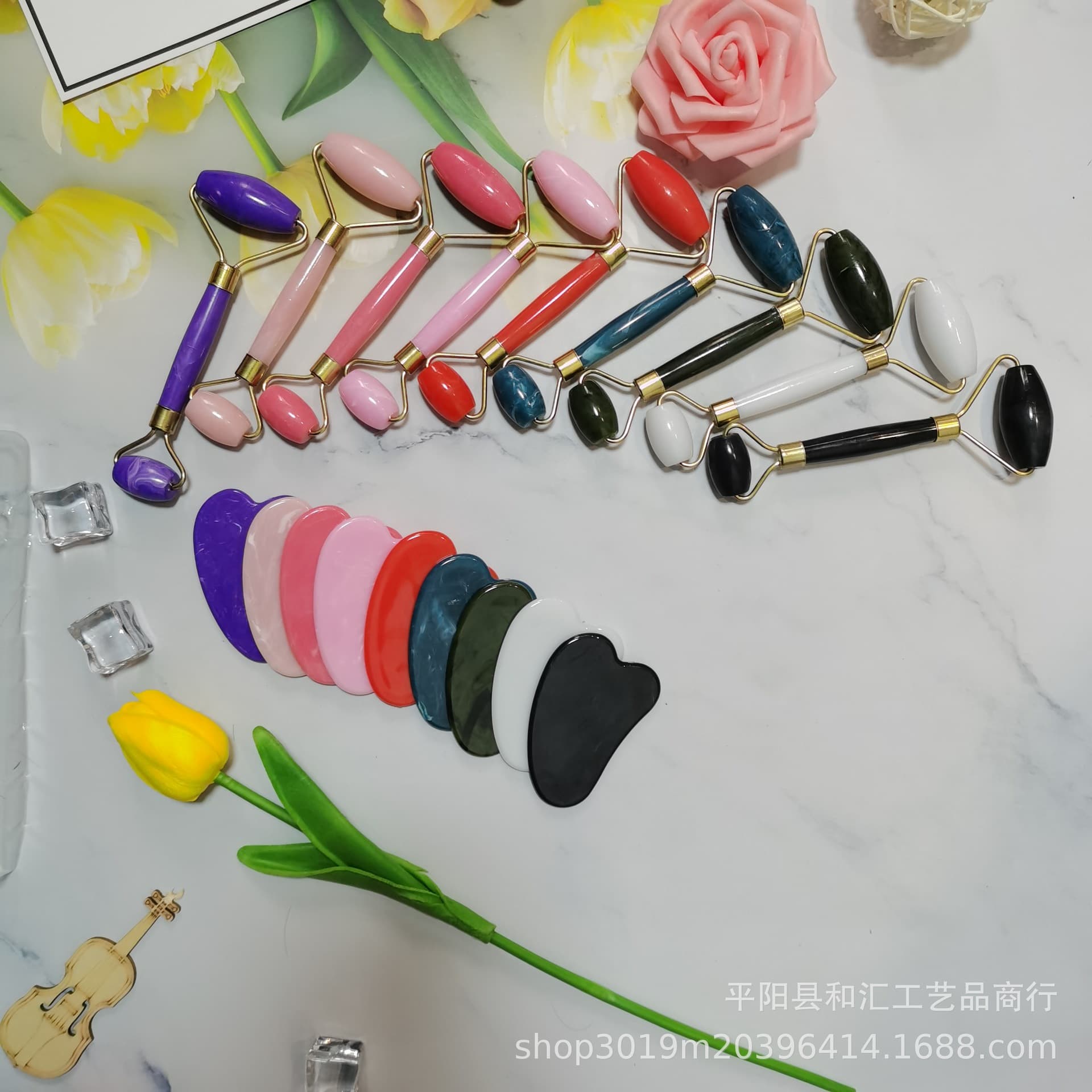 Cross-border New Style Imitation Jade Double Head Roller Facial Massage Stick Factory Direct Supply Beauty Set