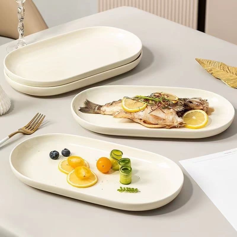 Trendy Fish Plate, Home Dinner Plate for Steamed Fish, Large European Cream Style Roasted Fish Ceramic Oval Plate