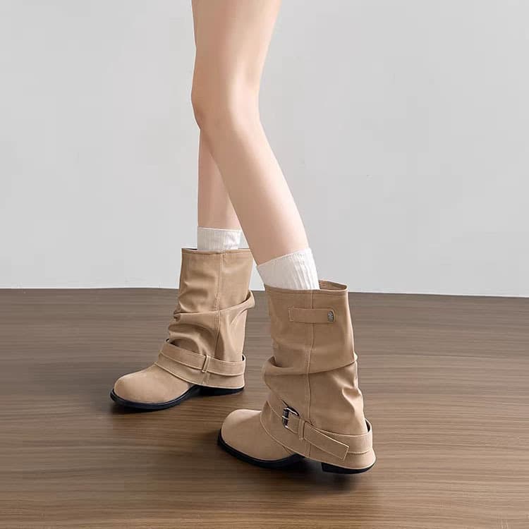 Spot original inner heightening western cowboy pile boots pleated trouser short boots winter thick heel retro Martin boots for women