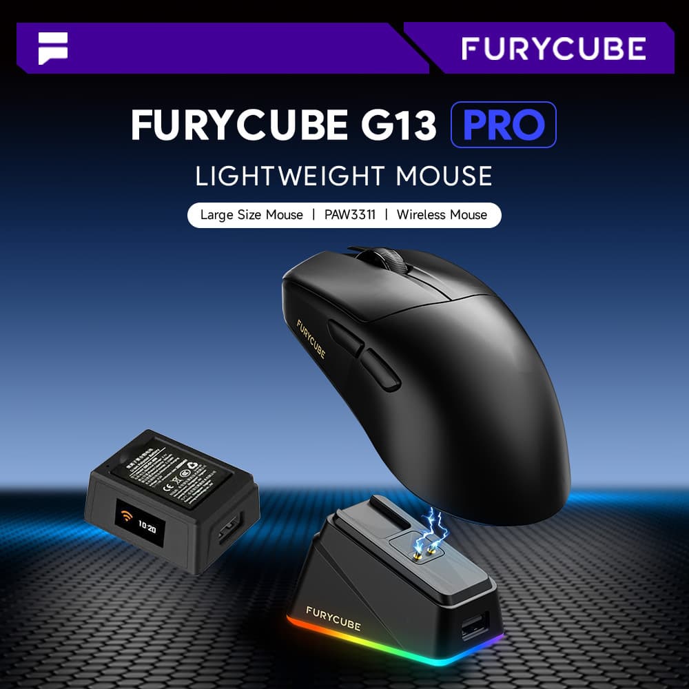 FURYCUBE G13PRO Bluetooth Wireless Mouse Lightweight Tri-Mode Gaming PAW3311 with Charging Dock