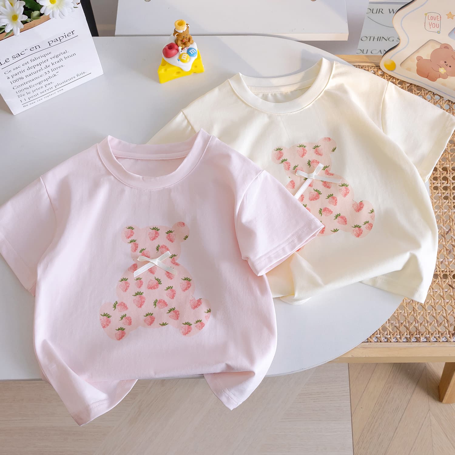 Girls Cartoon Cute Short-sleeved T-shirt Summer New Strawberry Bear Print All-match Baby Girl Trendy Top 3