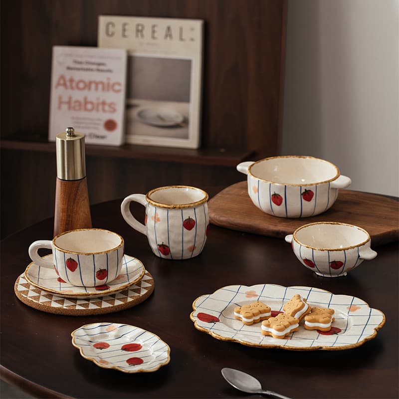 Meijiahui New Ceramic Striped Strawberry Tableware Coffee Cup and Saucer Set Breakfast Plate Underglaze Color Tableware Mug